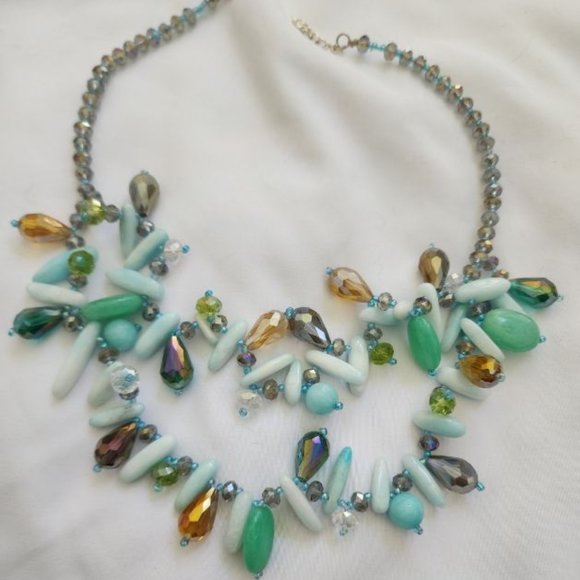 MULTI-COLOR DOUBLE LAYER NECKLACE WITH IRIDESCENT DROP BEADS - Picture 1 of 3